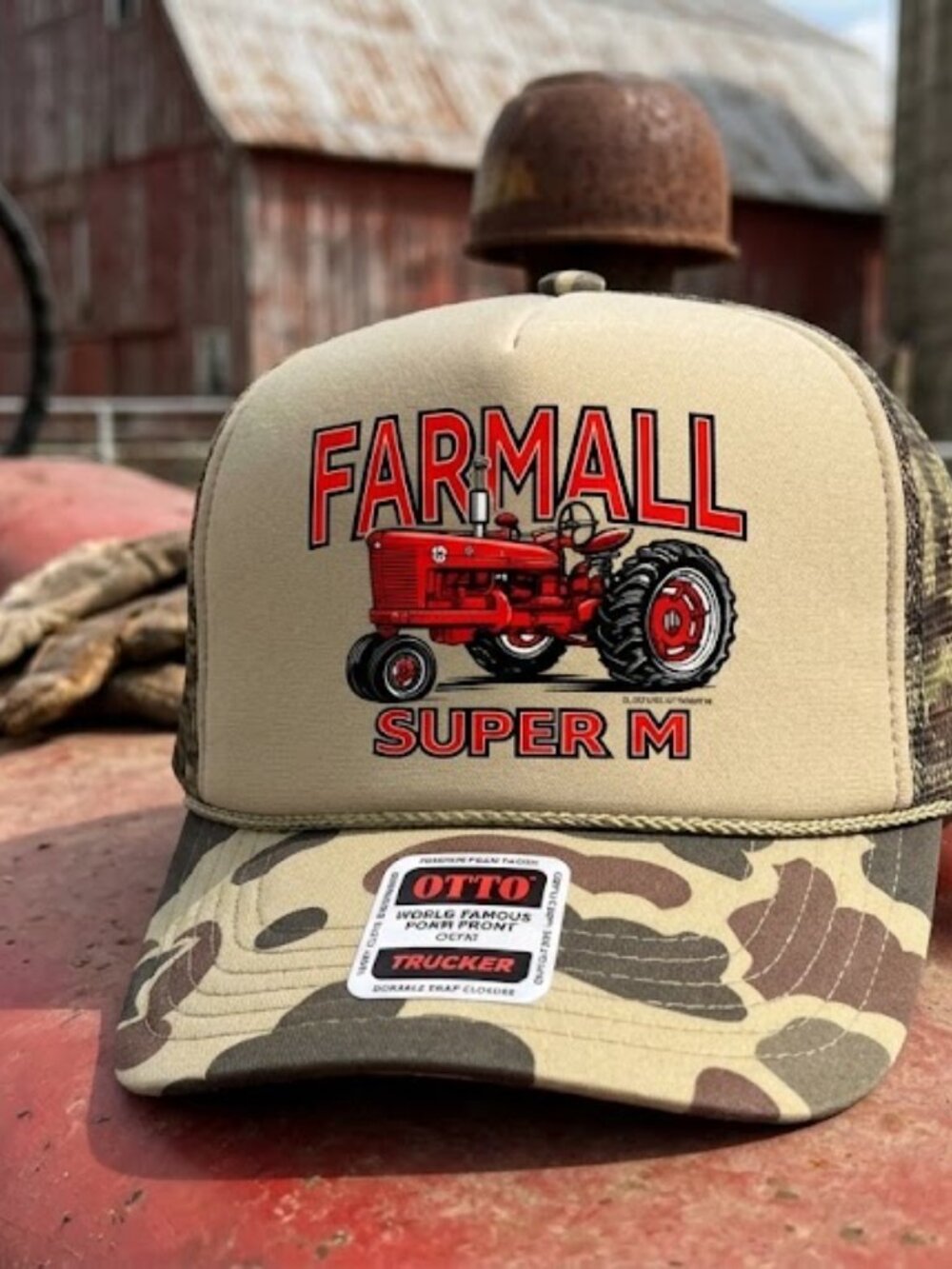 Vintage-Inspired Farmall Super M Tractor Hat Print OTTO Tan Camo Foam Rope Cap